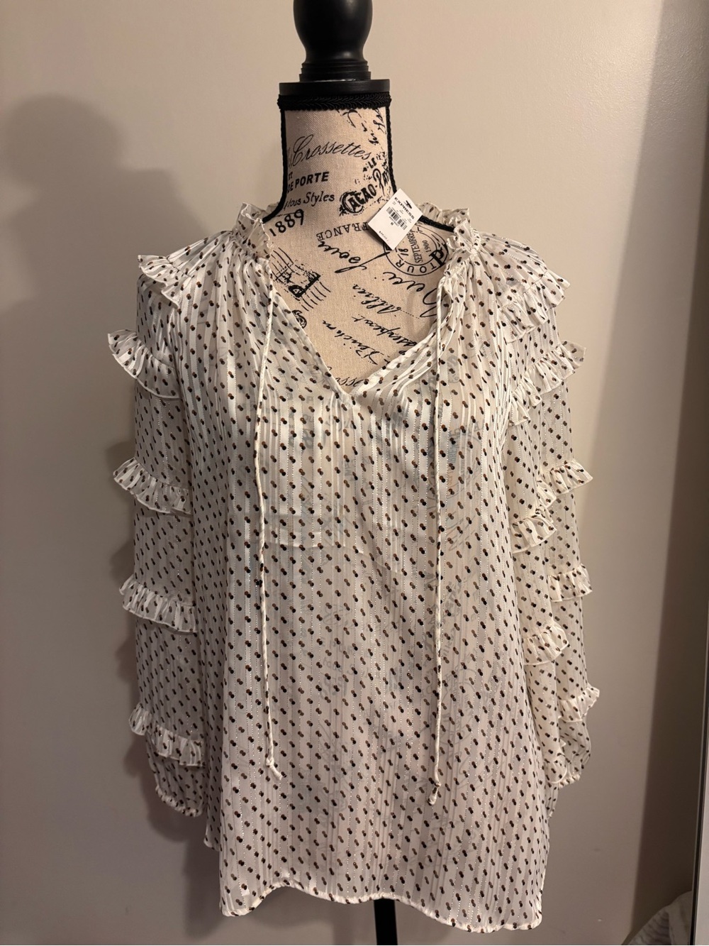 Express Cream Blouse with Black Dot Print and Ruffle Tiers